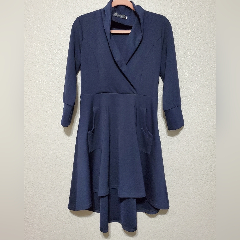 FEI IN VAN Navy Blue Long Sleeve Shawl Collar Midi Dress Women's Size Large